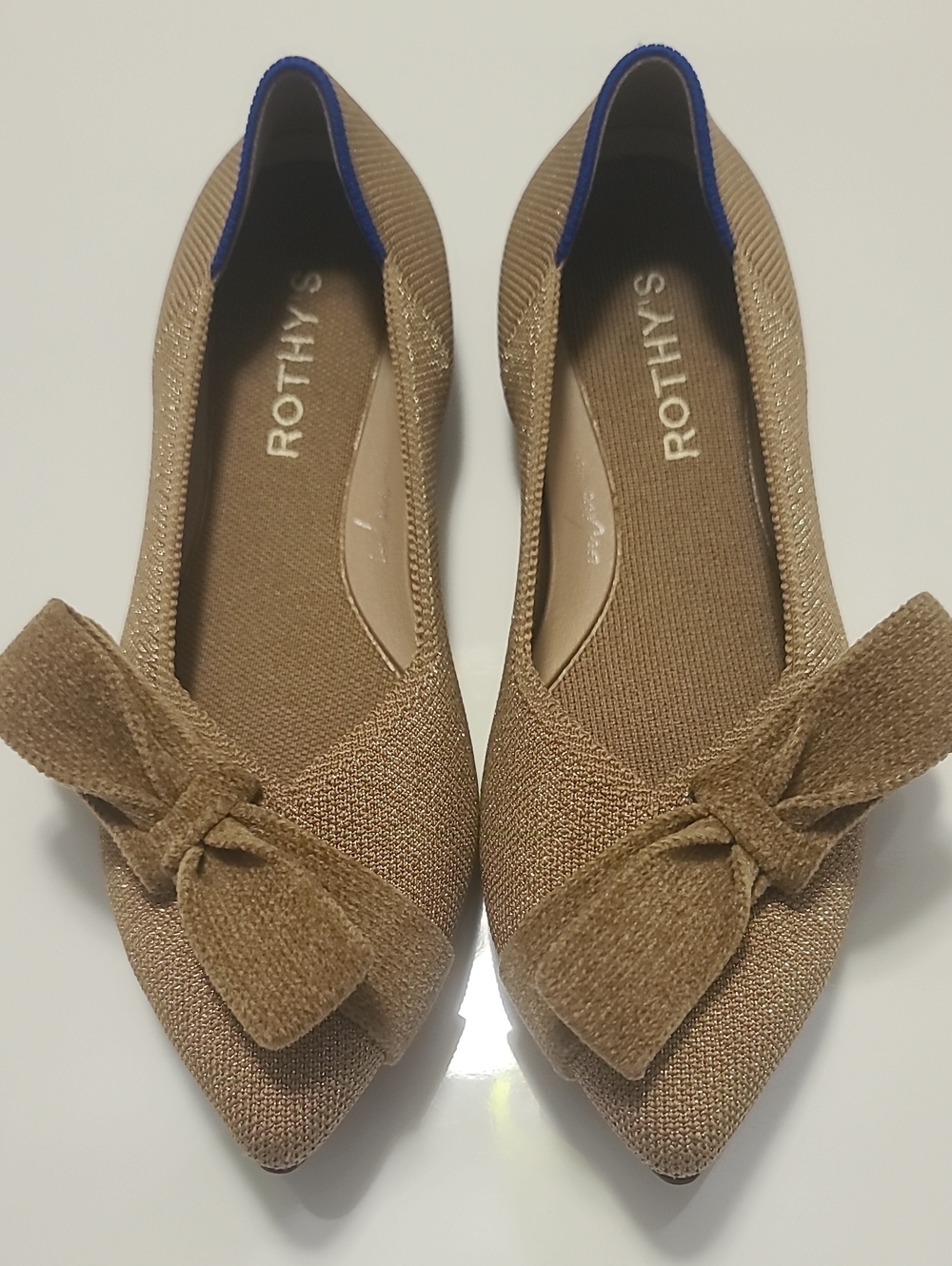 Rothy's Tan Pointed Knit Ballet Flats with Bow Trim Sz 6.5 Gold Shimmer